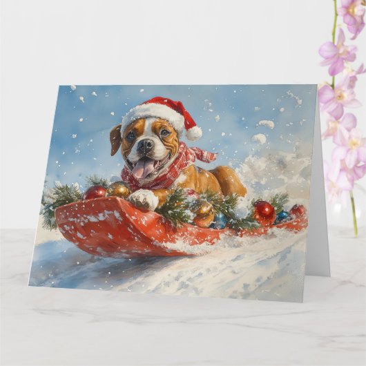 Boxer Hond in Sledge Laat het Sneeuw Kerstmis Kaart (Orchidee)
