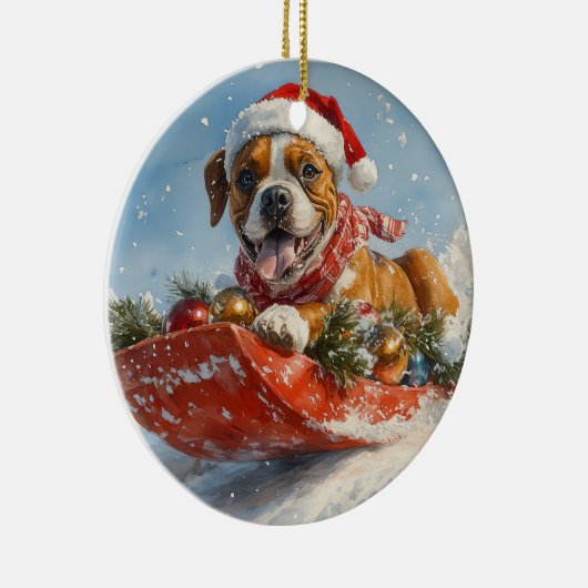 Boxer Hond in Sledge Laat het Sneeuw Kerstmis Keramisch Ornament (Rechts)