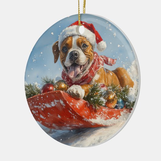 Boxer Hond in Sledge Laat het Sneeuw Kerstmis Keramisch Ornament (Links)