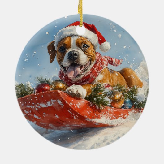 Boxer Hond in Sledge Laat het Sneeuw Kerstmis Keramisch Ornament (Achterkant)