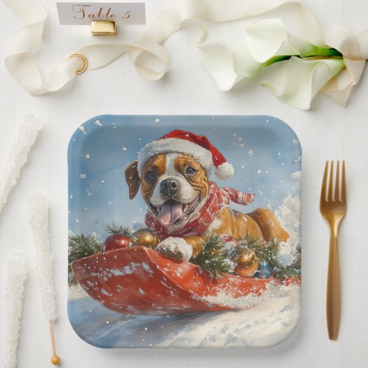 Boxer Hond in Sledge Laat het Sneeuw Kerstmis Papieren Bordje (Huwelijk)
