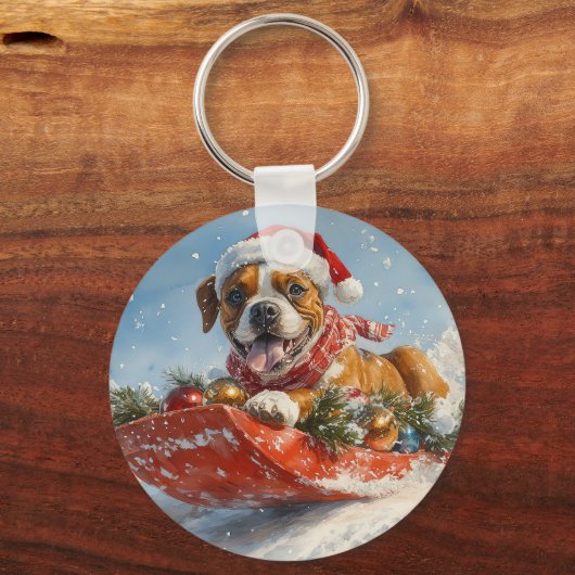 Boxer Hond in Sledge Laat het Sneeuw Kerstmis Sleutelhanger (Achterkant)