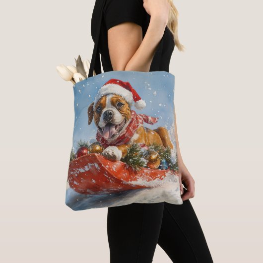 Boxer Hond in Sledge Laat het Sneeuw Kerstmis Tote Bag (Dichtbij)