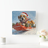 Boxer Hond in Sledge Laat het Sneeuw Kerstmis Vierkante Klok (Huis)