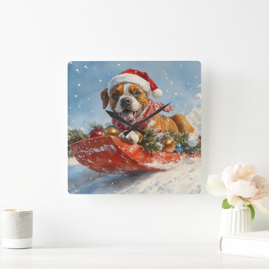Boxer Hond in Sledge Laat het Sneeuw Kerstmis Vierkante Klok (Huis)