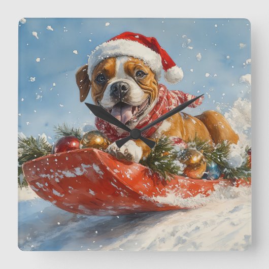 Boxer Hond in Sledge Laat het Sneeuw Kerstmis Vierkante Klok (Voorkant)