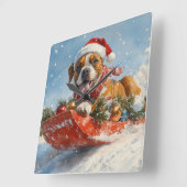 Boxer Hond in Sledge Laat het Sneeuw Kerstmis Vierkante Klok (Hoek)