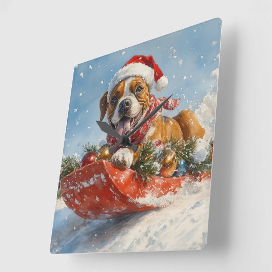 Boxer Hond in Sledge Laat het Sneeuw Kerstmis Vierkante Klok (Hoek)