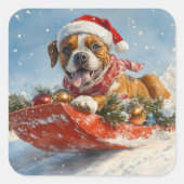 Boxer Hond in Sledge Laat het Sneeuw Kerstmis Vierkante Sticker (Voorkant)