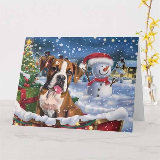 Boxer Hond in slee met Sneeuw Kerstmis Kaart (Gele Bloem)