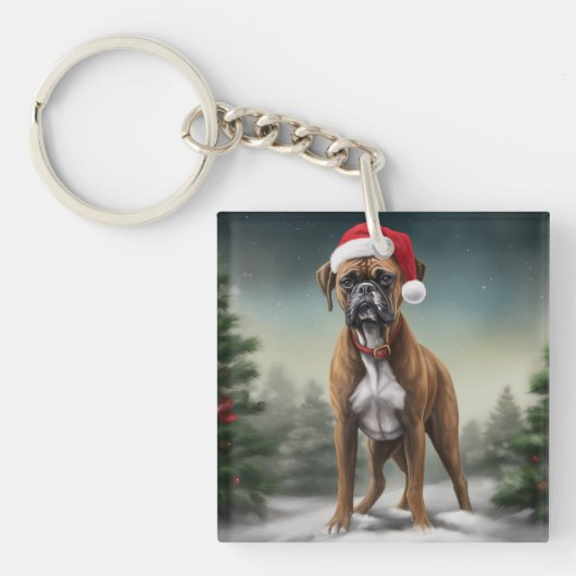 Boxer Hond in Sneeuw Kerstmis Sleutelhanger (Voorkant)