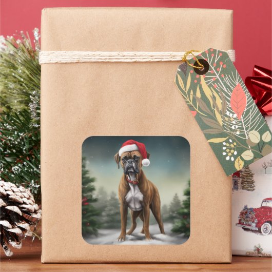 Boxer Hond in Sneeuw Kerstmis Vierkante Sticker (Feestdagen)