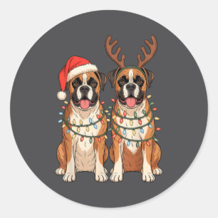 Boxer Hond Kerstman Hoed Rendier Lichtjes Paja Ronde Sticker