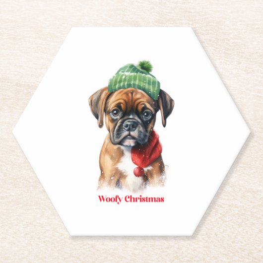 Boxer Hond Kerstmis X-Mas wens cadeau Woofy Kerstm Kartonnen Onderzetters (Voorkant)