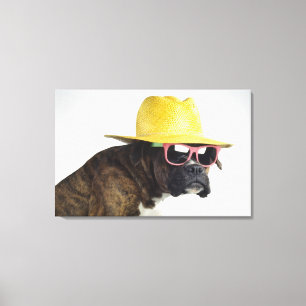 Boxer hond met pet en glazen canvas afdruk