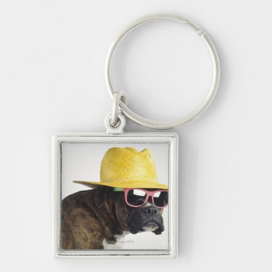 Boxer hond met pet en glazen sleutelhanger (Voorkant)