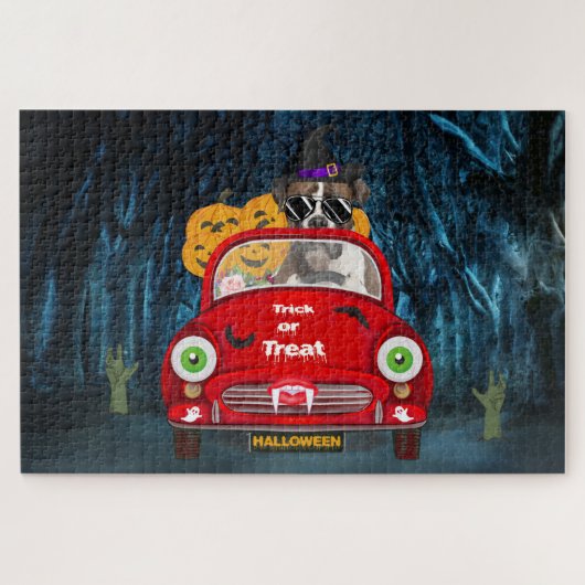 Boxer Hond Rijdt Auto Griezelen Halloween Legpuzzel (Horizontaal)
