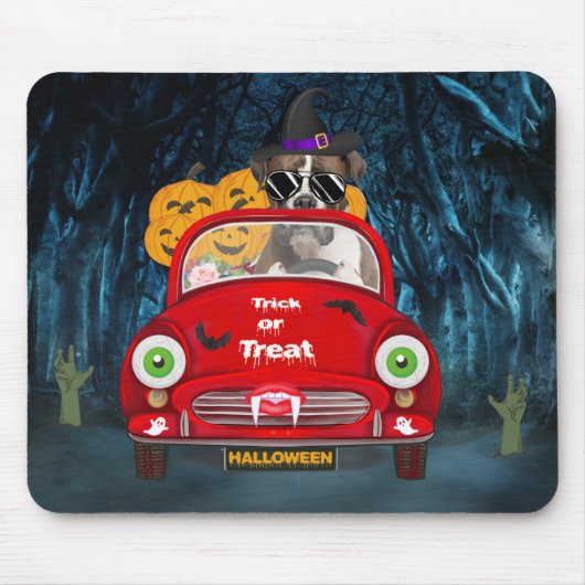 Boxer Hond Rijdt Auto Schrik Halloween Muismat (Voorkant)