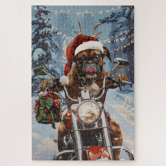 Boxer Hond Rijdt op Motorfiets Kerstmis Legpuzzel (Verticaal)