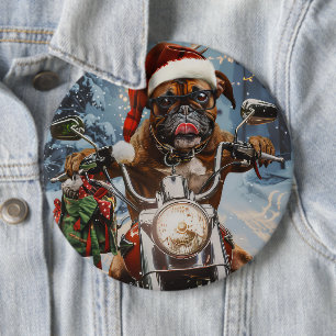 Boxer Hond Rijdt op Motorfiets Kerstmis Ronde Button 6,0 Cm