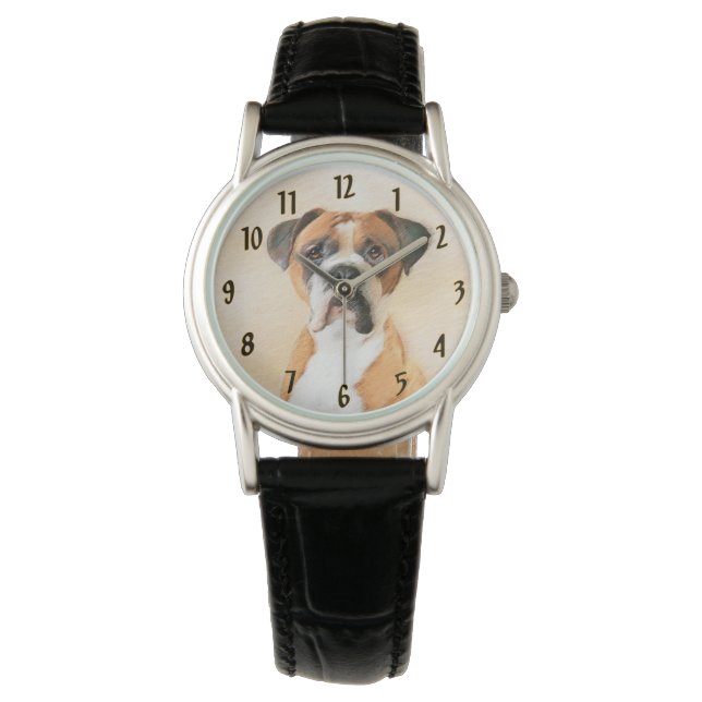 Boxer Hond Schilderen Onbijgesneden Originele Dier Horloge (Voorkant)