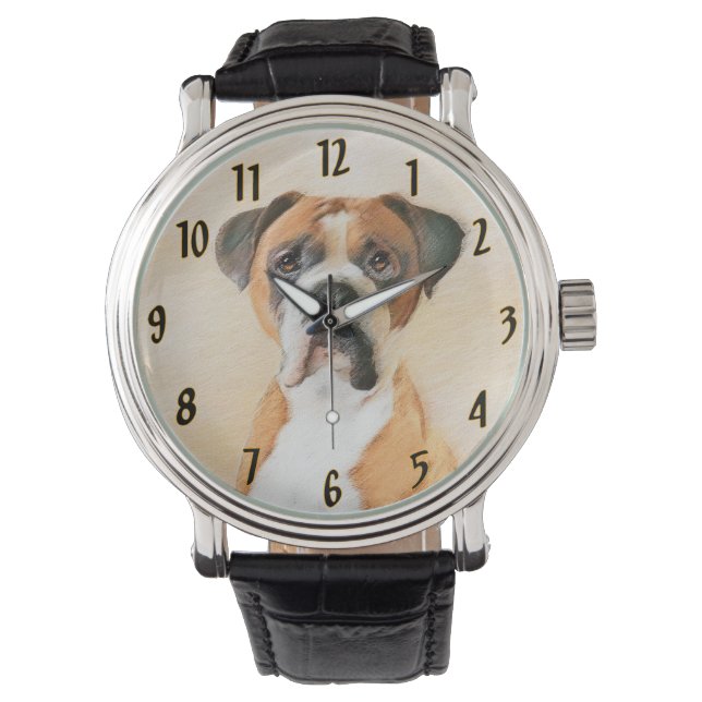 Boxer Hond Schilderen Onbijgesneden Originele Dier Horloge (Voorkant)