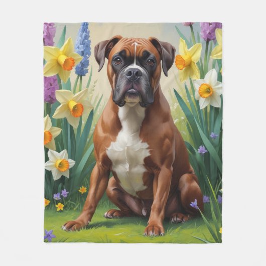 Boxer Hond Spring Bloemen Schilderen Fleece Deken (Voorkant)