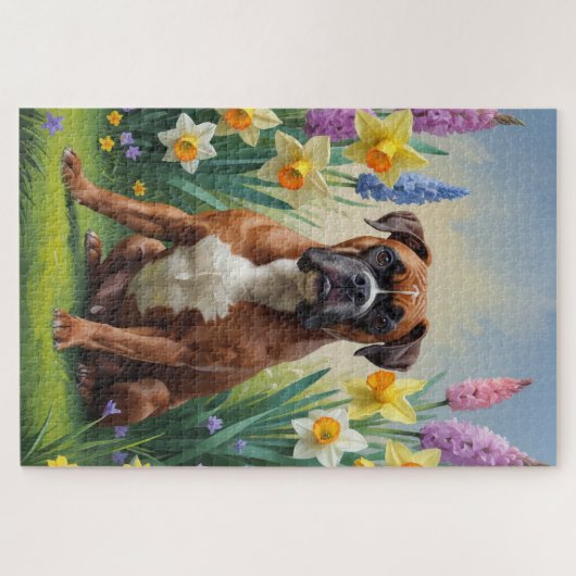 Boxer Hond Spring Bloemen Schilderen Legpuzzel (Horizontaal)
