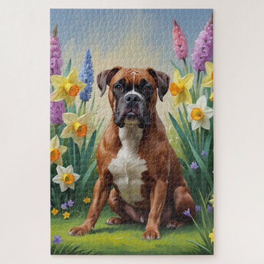 Boxer Hond Spring Bloemen Schilderen Legpuzzel (Verticaal)