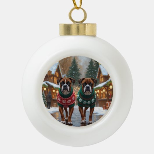 Boxer Honden Kerst Sneeuw Vakantie Keramische Bal Ornament (Voorkant)