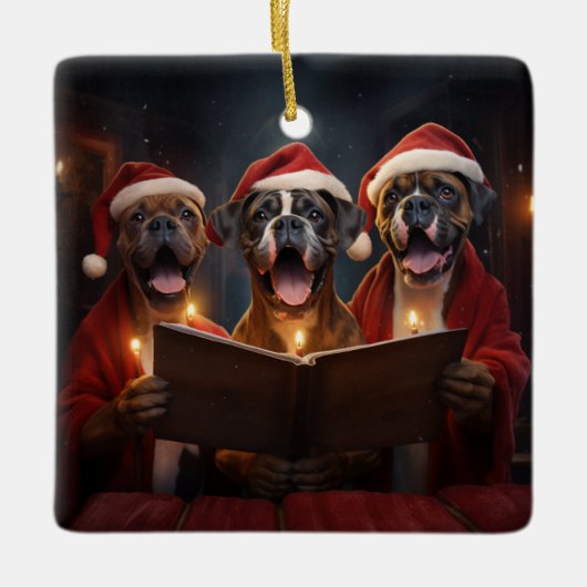 Boxer Honden Kerstmis Caroling Feestelijke Vakanti Keramisch Ornament (Voorkant)