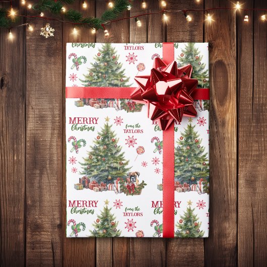 Boxer hondenmand onder de vakantieboom cadeaupapier