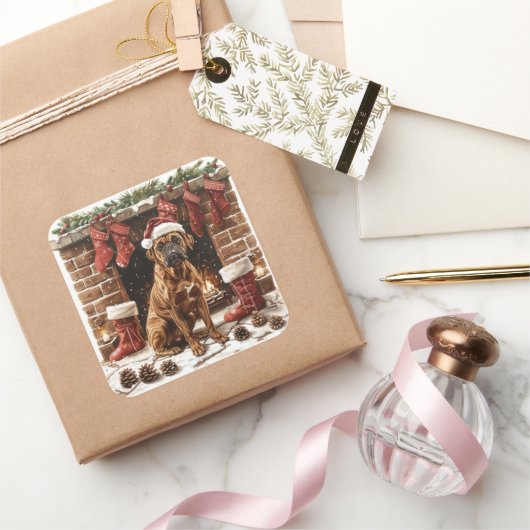 Boxer in kerstmuts bij open haard  vierkante sticker (Geschenken)