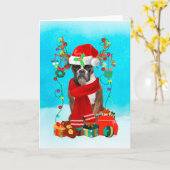 Boxer in sneeuw met kerstcadeaus kaart (Gele Bloem)