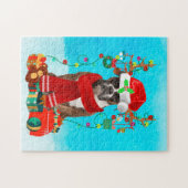 Boxer in sneeuw met kerstcadeaus legpuzzel (Horizontaal)
