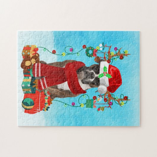 Boxer in sneeuw met kerstcadeaus legpuzzel (Horizontaal)