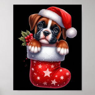 Boxer In Sock Christmas Santa Hat Xmas Hondenliefh Poster