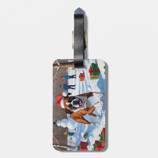 Boxer Kerst Feestelijke Sneeuwscène Bagagelabel (Achterkant verticaal)