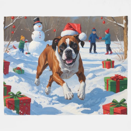Boxer Kerst Feestelijke Sneeuwscène Fleece Deken (Voorkant (Horizontaal))