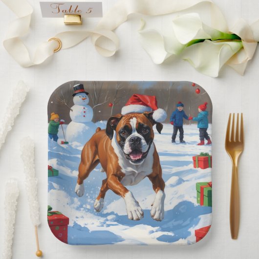 Boxer Kerst Feestelijke Sneeuwscène Papieren Bordje (Huwelijk)