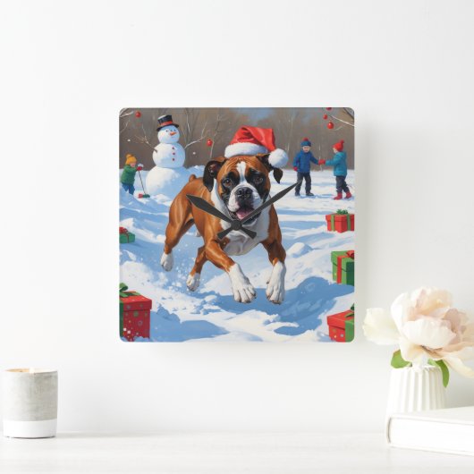 Boxer Kerst Feestelijke Sneeuwscène Vierkante Klok (Huis)