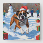 Boxer Kerst Feestelijke Sneeuwscène Vierkante Klok (Voorkant)