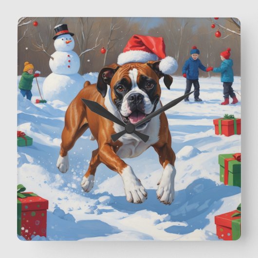 Boxer Kerst Feestelijke Sneeuwscène Vierkante Klok (Voorkant)