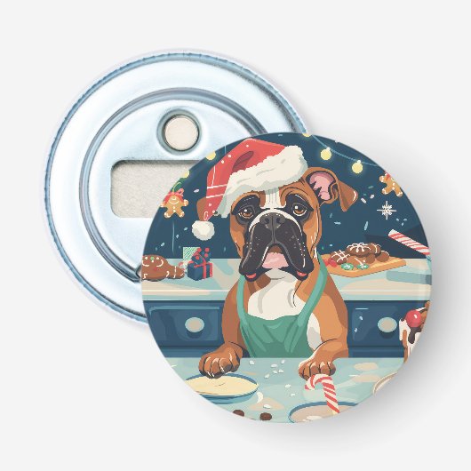 Boxer Kerstbakfeest: Festieve Kerstmis Button Flesopener (Voorkant)