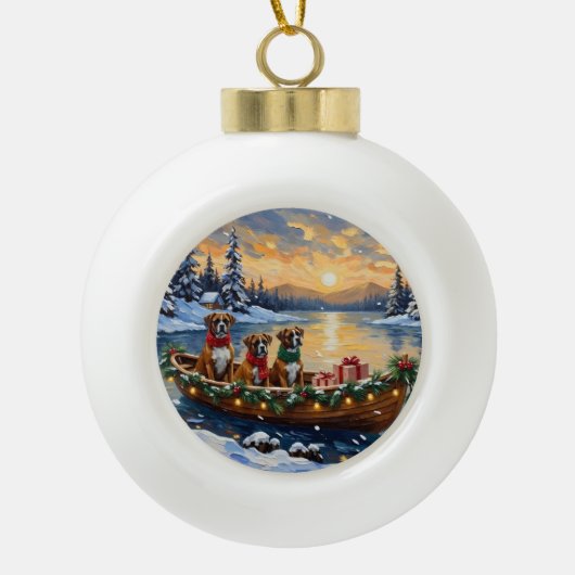 Boxer Kerstboot Vakantie Keramische Bal Ornament (Voorkant)
