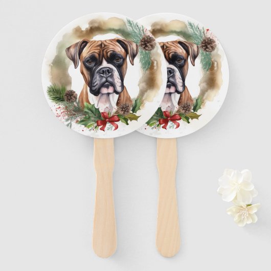 Boxer Kerstkrans Feestelijke Pup Handwaaier (Voorkant en achterkant)