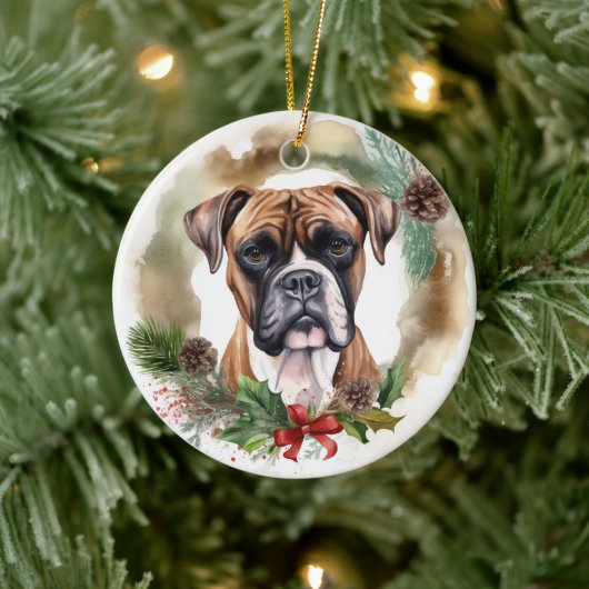 Boxer Kerstkrans Feestelijke Pup Keramisch Ornament (Boom)