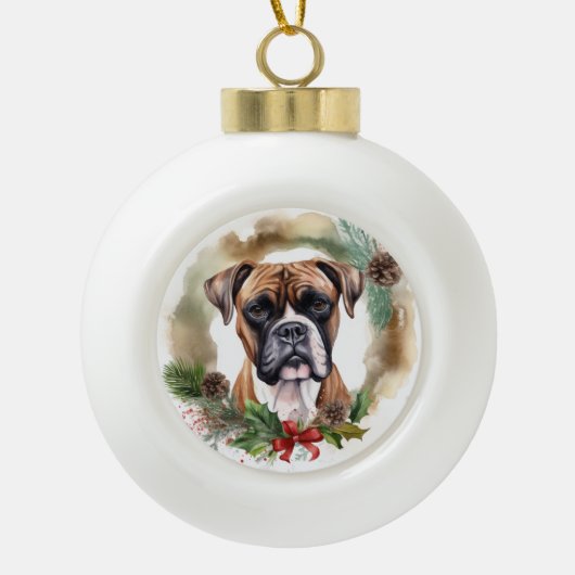 Boxer Kerstkrans Feestelijke Pup Keramische Bal Ornament (Voorkant)