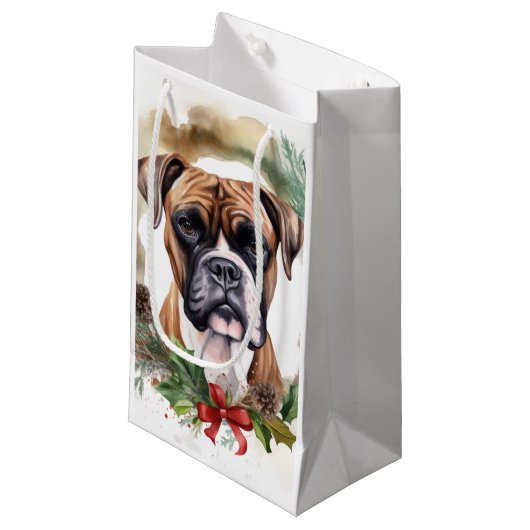 Boxer Kerstkrans Feestelijke Pup Klein Cadeauzakje (Voorkant Gekanteld)