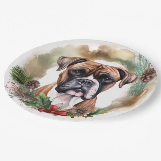 Boxer Kerstkrans Feestelijke Pup Papieren Bordje (Gekanteld)